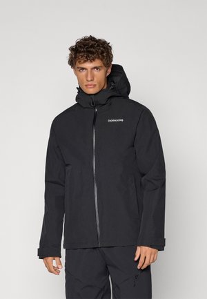 Black waterproof jacket with a hood, zip closure, and adjustable cuffs. Features a logo. Smooth texture and slightly matte finish.