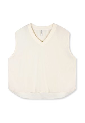 Cream-colored sleeveless knit vest with V-neck and slightly longer back hem, displayed on a white background.