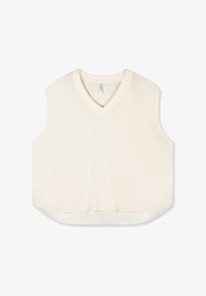 Cream-colored sleeveless knit vest with V-neck and slightly longer back hem, displayed on a white background.