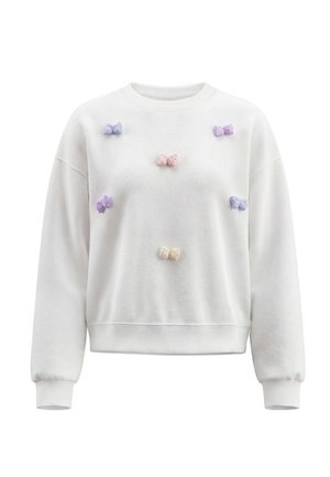 Hvid langærmet sweatshirt med seks små pastel-farvede sløjfer dekoreret med perler syet på forsiden.