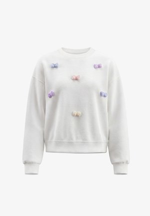 Hvid langærmet sweatshirt med seks små pastel-farvede sløjfer dekoreret med perler syet på forsiden.