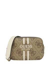 Borsa a tracolla marrone con motivo, caratterizzata da un logo, strisce bianche e una tracolla removibile. Realizzata in materiale resistente e con forma rettangolare.