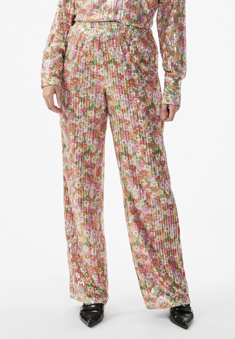 Wide-leg pants made of sequined fabric in floral patterns featuring pink, green, and orange hues; textured surface and elastic waistband.