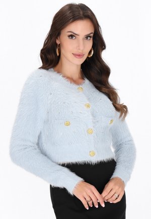 Vrouw met lang golvend bruin haar, die gouden creolen draagt, een lichtblauwe fluffy cardigan met gouden knopen en een zwarte rok, poseert met samengevouwen handen.