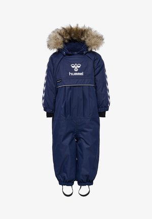 Marineblaue Schneeanzug mit Kapuze aus Kunstfell, elastischen Bündchen und Logo. Verfügt über einen Reißverschluss und verstellbare Fußgelenksteile für einen sicheren Sitz.