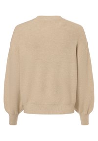 Beige gebreid sweater met ribbelstructuur, ronde halslijn en ballonmouwen. Eenvoudig ontwerp, geen zichtbare hardware of patronen.