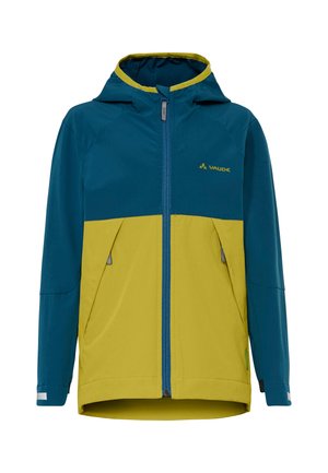 Outdoor-Jacke mit Kapuze, petrolfarbener Ober- und Ärmelbereich, gelber Unterkörper, Frontreißverschluss, zwei seitlichen Reißverschlusstaschen und Vaude-Logo auf der Brust.