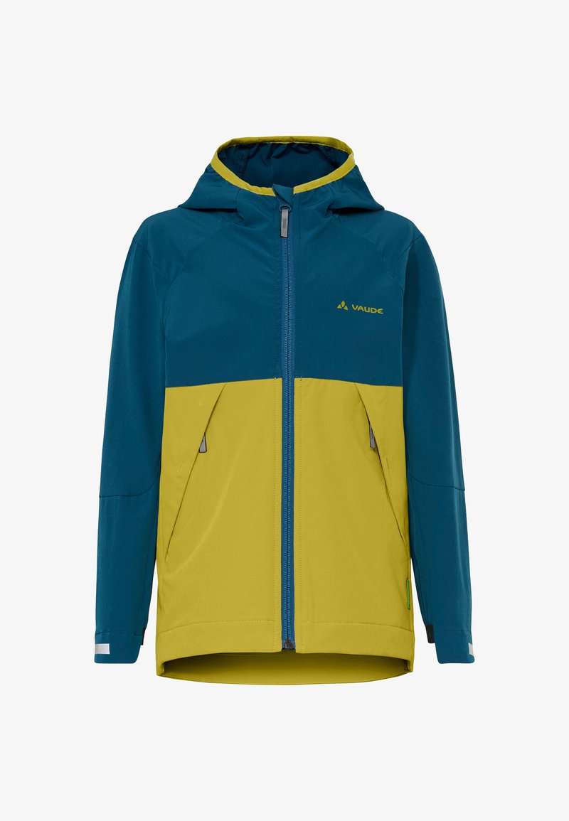 Veste d'extérieur à capuche avec le haut et les manches en turquoise, le bas du corps en jaune, fermeture éclair avant, deux poches latérales zippées, et logo Vaude sur la poitrine.