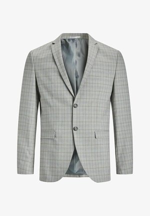 Sacou gri în carouri cu două butoane, rever tip notch și buzunare laterale. Interiorul are un căptușeală netedă, de culoare gri deschis.