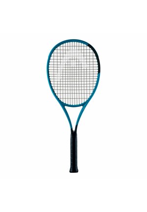 Racchetta da tennis blu e nera con impugnatura nera e rete di corde, mostrata in posizione verticale su sfondo bianco.