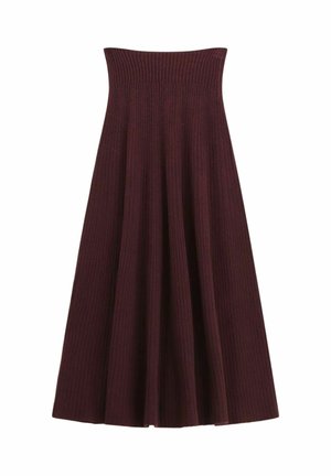 Gonna midi a coste in un profondo bordeaux, con vita elastica e silhouette a trapezio per un design fluido. Morbido tessuto con linee verticali.