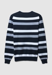 Pull bleu marine à larges rayures horizontales blanches et grises, à manches longues et col rond, vu de dos.