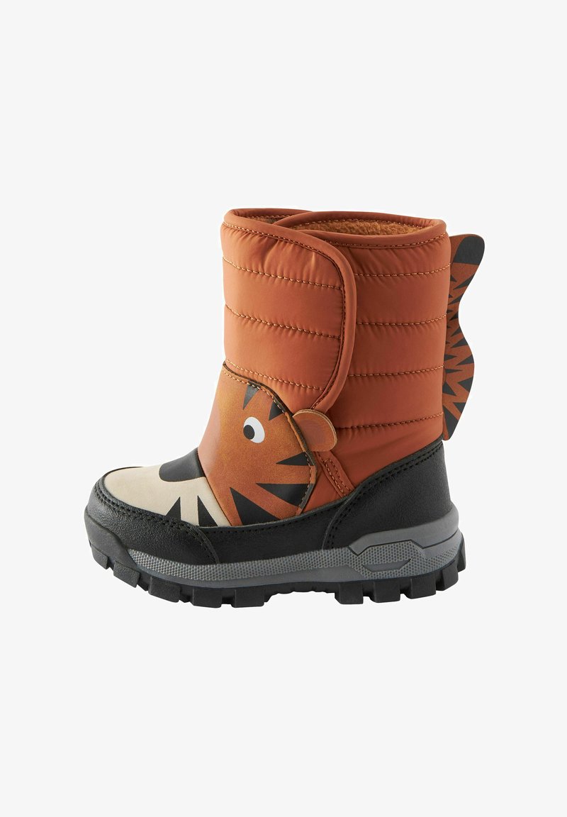 Children's winter boot featuring an orange padded upper, black rubber sole, tiger face design, and textured side accents.