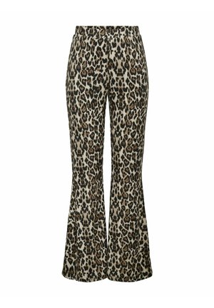 Pantaloni a gamba larga in tessuto beige e nero con stampa leopardata, dotati di un ampio cinturino in vita e un motivo di macchie marrone scuro. Presentano una finitura testurizzata.