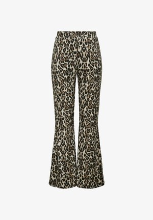 Leopardmønstrede vide bukser i beige og sort stof, med en bred talje og et mønster af mørkebrune pletter. Har en tekstureret finish.