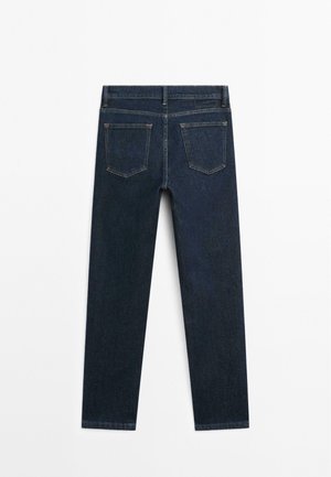 Dark blue denim jeans with a straight-leg design, featuring two back pockets and a simple waistband. No visible embellishments or patterns.