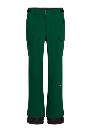 Zaļas ūdensnecaurlaidīgas bikses ar taisnu griezumu, elastīgu jostu, kabatas ar kravu, ar rāvējslēdzējiem sānu kabatās un melnu apakšējo apdari.