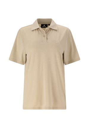 Beige kortærmet poloshirt med to knapper, krave og subtilt logo på brystet.