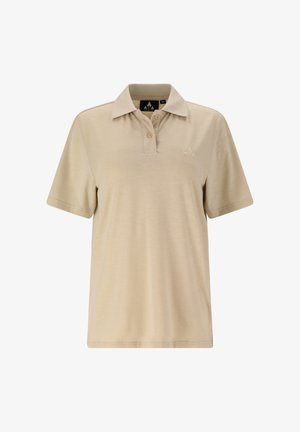 Beige kortærmet poloshirt med to knapper, krave og subtilt logo på brystet.