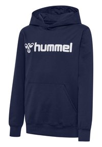 Felpa blu navy realizzata in tessuto morbido, con tasca frontale, maniche lunghe e un grande logo bianco "hummel" sul petto.