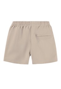 Pantaloni da bagno beige con vita elastica, dotati di una singola tasca posteriore, realizzati in tessuto leggero e a rapida asciugatura.