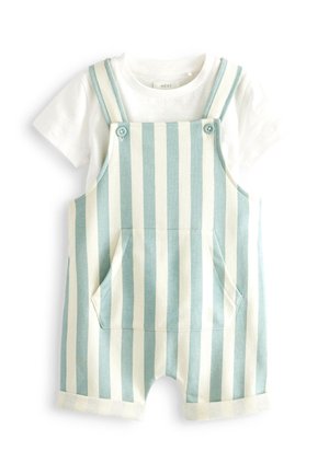 T-shirt blanc à manches courtes porté sous une salopette courte à rayures verticales bleues et blanches avec une poche frontale et des bretelles boutonnées pour tout-petits.