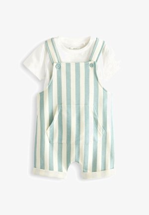Hvid kortærmet t-shirt under blå og hvide vertikale stribede korte overalls med forlomme og knap-lukkede stropper til småbørn.