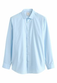 Camisa de manga larga de color azul claro, hecha de una tela suave, con un cuello clásico, cierre de botones en la parte delantera y un dobladillo redondeado.