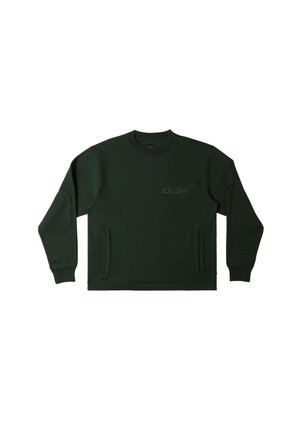 Dark green sweatshirt with long sleeves, ribbed cuffs, crew neck, and subtle logo detail on the chest. Features side pockets and textured fabric.