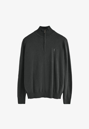 Dunkelgrauer Pullover mit hohem Kragen, halbem Reißverschluss vorne, langen Ärmeln, gerippten Bündchen und dezent gesticktem Logo auf der Brust.