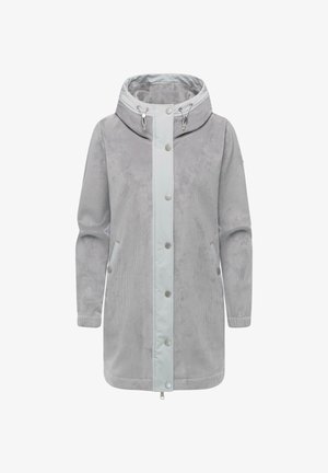 Gray corduroy jacket with a smooth light gray front panel, adjustable hood, snap buttons, and side pockets for a functional design.