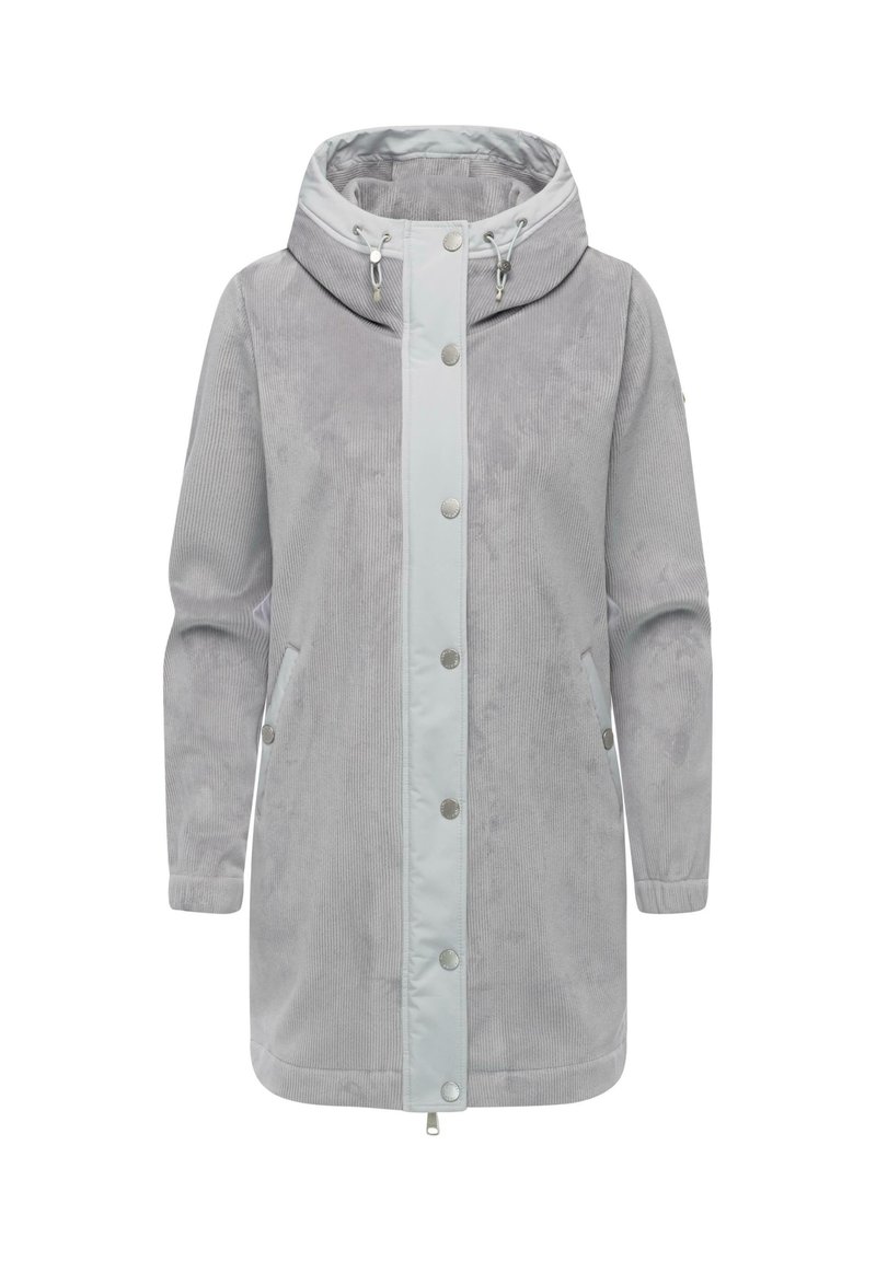 Giacca in corduroy grigio con un pannello frontale grigio chiaro liscio, cappuccio regolabile, bottoni a pressione e tasche laterali per un design funzionale.