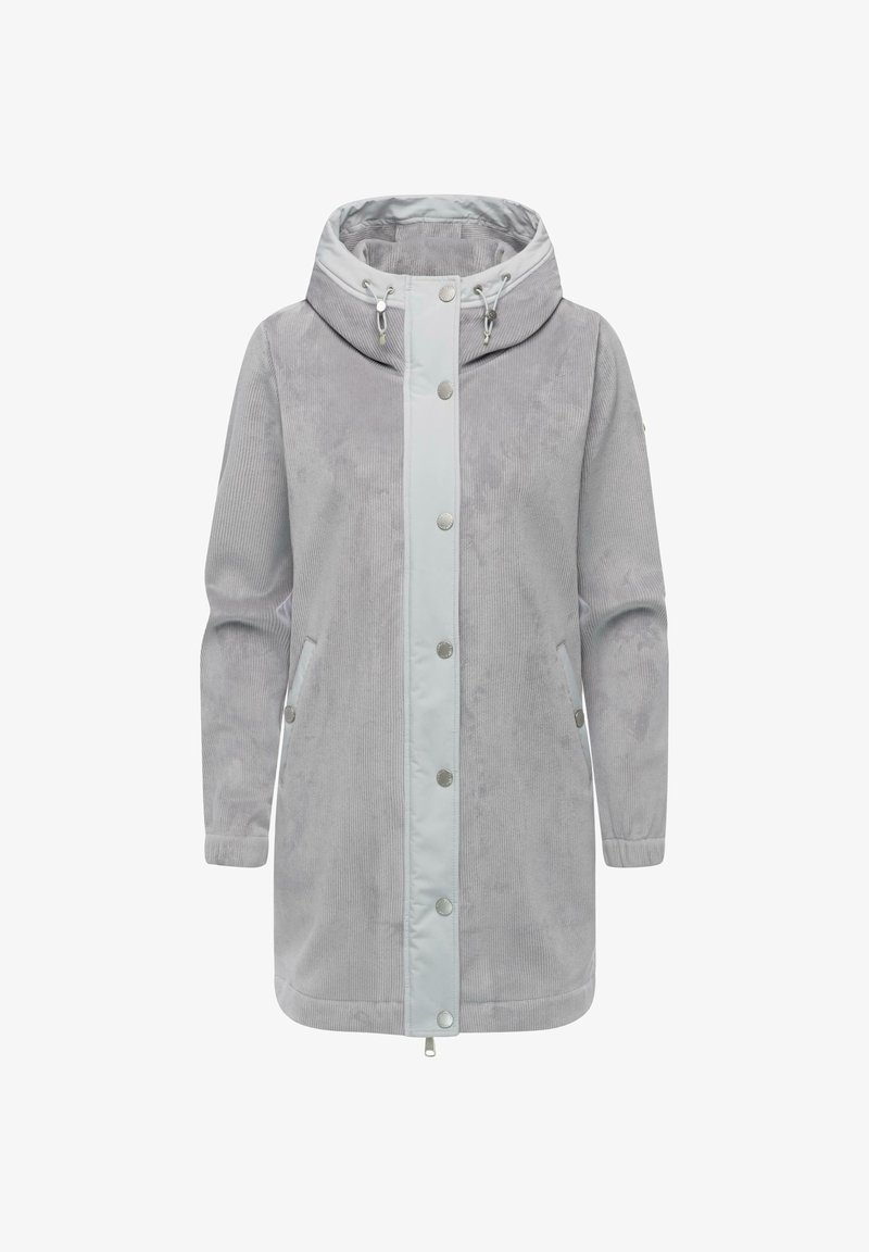 Giacca in corduroy grigio con un pannello frontale grigio chiaro liscio, cappuccio regolabile, bottoni a pressione e tasche laterali per un design funzionale.