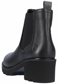 Black leather ankle boot with elastic side panels, rounded toe, and a chunky, textured sole. Features a small pull tab at the back.