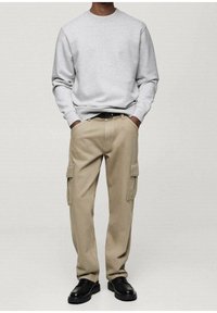 Felpa grigia chiara con collo rotondo, pantaloni cargo beige con tasche laterali e scarpe nere, caratterizzati da una texture liscia e un fit rilassato.