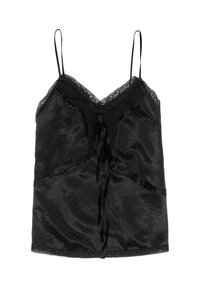 Czarna koszulka na ramiączkach z koronkową lamówką, cienkimi regulowanymi ramiączkami, fakturowanym satynowym wykończeniem oraz wiązanym zdobieniem z przodu i kieszeniami.