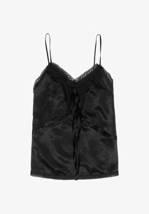 Zwarte cami met kanten rand, dunne verstelbare bandjes, een gestructureerde satijnen afwerking en een strikdetail aan de voorkant met zakken.