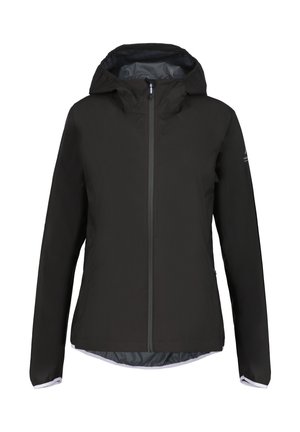 Veste légère noire avec capuche, dotée d'une fermeture éclair à l'avant et de poignets élastiques. Texture lisse et doublure intérieure blanche.