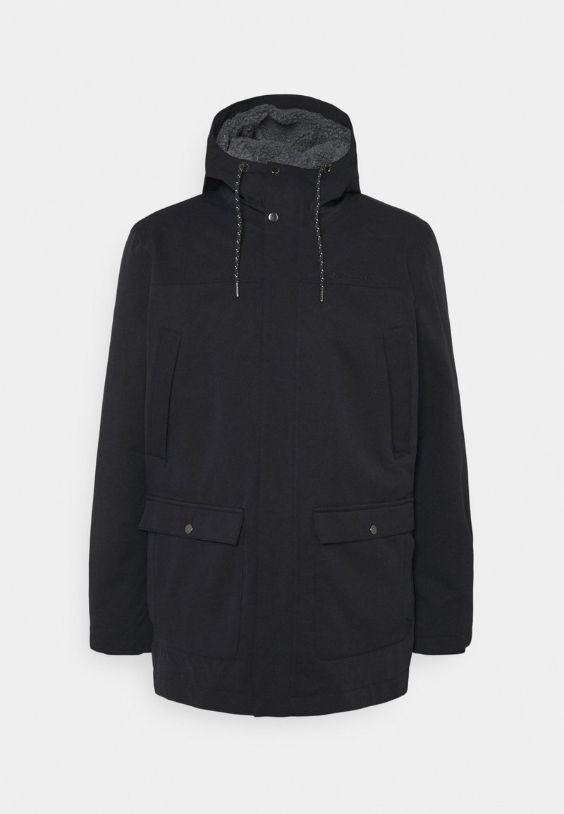 Veste d'hiver noire avec capuche, cordons de serrage, doublure en polaire, fermeture éclair devant avec boutons-pression, et quatre poches avant avec rabats et boutons-pression.