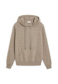 Hellbrauner Hoodie aus weichem Stoff. Mit einer Kapuze mit Kordelzug, einer Fronttasche und gerippten Bündchen und Saum. Glatte Textur, einfaches Design.