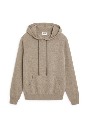 Hellbrauner Hoodie aus weichem Stoff. Mit einer Kapuze mit Kordelzug, einer Fronttasche und gerippten Bündchen und Saum. Glatte Textur, einfaches Design.