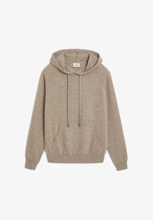 Lichtbruin hoodie van zachte stof. Beschikt over een capuchon met trekkoord, een voorkantzak en ribgebreide manchetten en zoom. Gladde textuur, eenvoudig ontwerp.