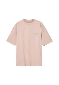 Helles rosa T-Shirt mit kurzen Ärmeln aus weichem Baumwollmaterial, locker geschnitten und mit Rundhalsausschnitt. Mit einem dezenten Logo auf der linken Brust.