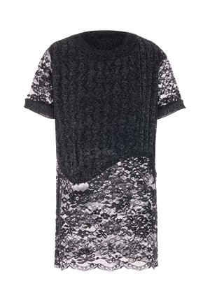 Abito nero con parte superiore in maglia e parte inferiore in pizzo. Corpo testurizzato, maniche corte e orlo in pizzo a ondine. Dettagli luccicanti nel tessuto.