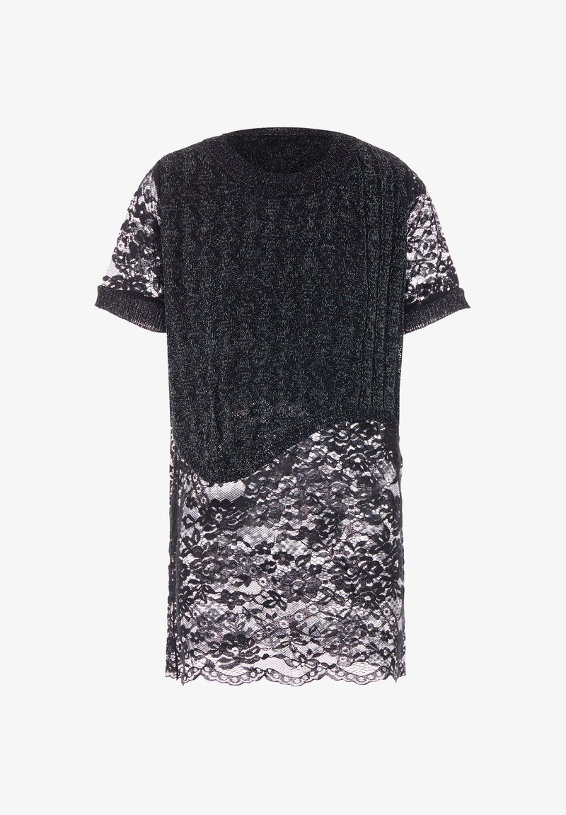 Schwarzes Kleid mit einem gestrickten Oberteil und einem unteren Abschnitt aus Spitze. Strukturierter Körper, kurze Ärmel und ein gewellter Saum aus Spitze. Schimmerndes Detail im Stoff.
