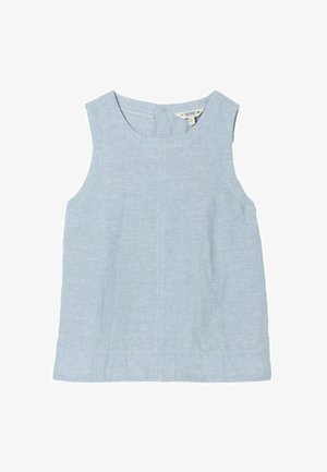 Sleeveless light blue linen top with round neckline and back zipper closure, tag visible inside collar.