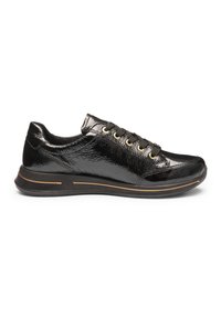 Black patent leather sneaker with black laces, gold eyelets, and a black sole featuring a thin gold stripe along the side.