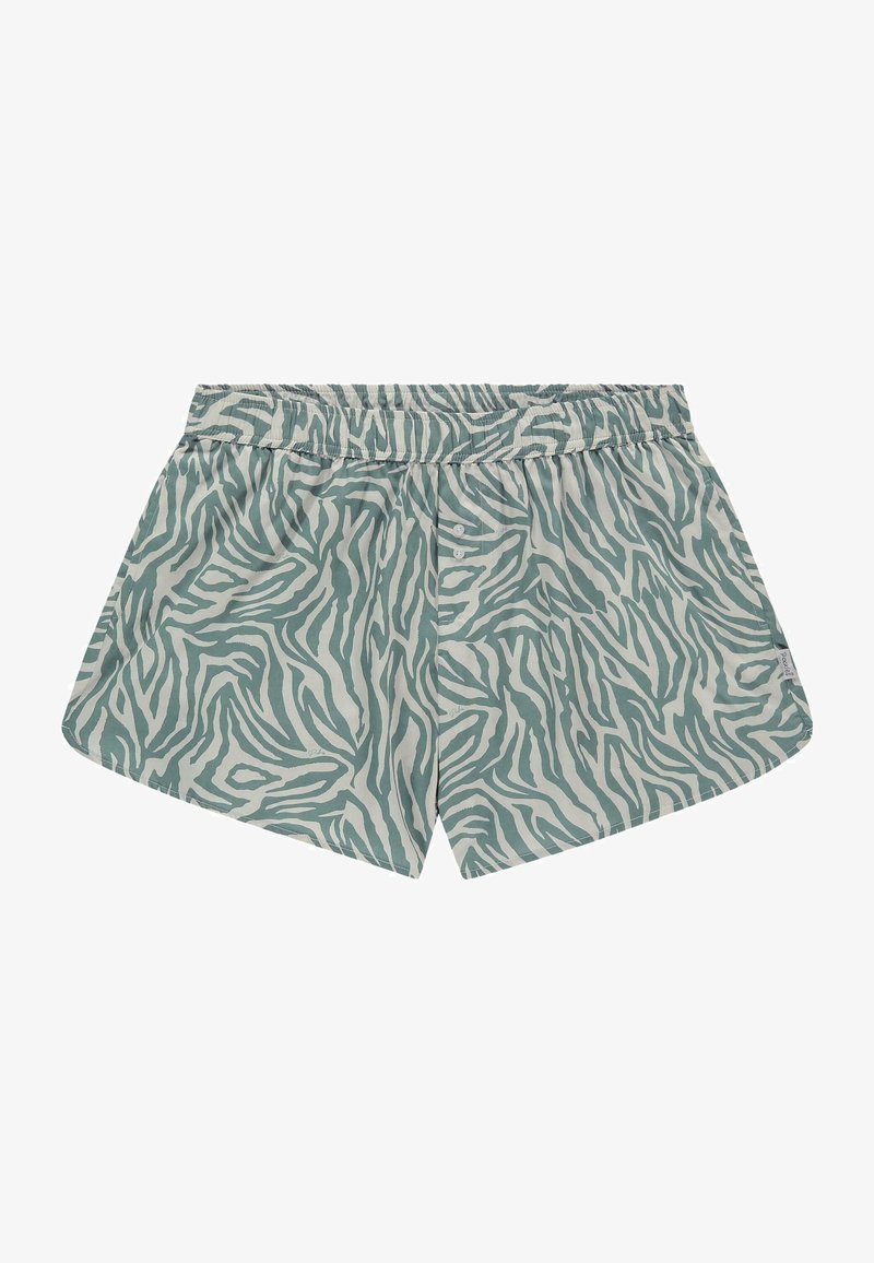 Grønne og kremfargede shorts med zebra mønster, som har elastisk midje og tre knapper foran. Mykt, lett stoff.