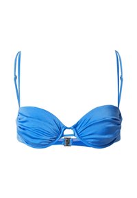 Blauer Bikini-Oberteil aus glänzendem Stoff, mit einem gedrehten Design, verstellbaren Trägern und einem Vorderverschluss. Glatte Textur, ohne Muster.