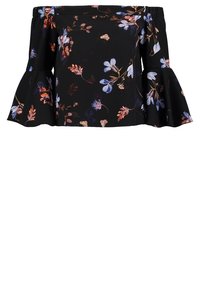 Top nero scollato con motivo floreale nelle tonalità di blu e rosa. Presenta maniche a campana e un tessuto leggero e testurizzato.